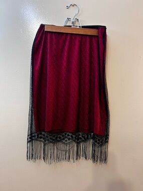 Wet Seal Red Midi Skirt with Black Lace Fringe